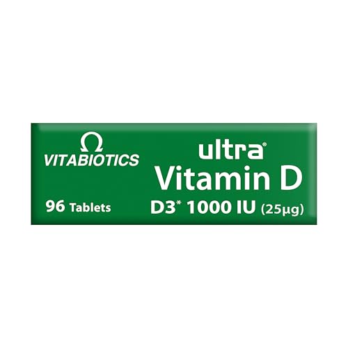 Close-up of the Ultra Vitamin D tablets next to packaging ingredients
