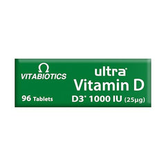 Close-up of the Ultra Vitamin D tablets next to packaging ingredients