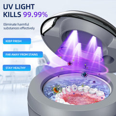 Portable denture cleaner with shelf and jewelry tweezers