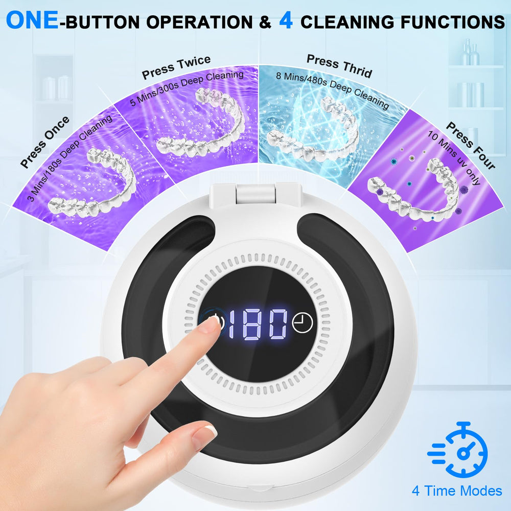 Device showing four cleaning modes: 180s, 300s, 480s and 600s
