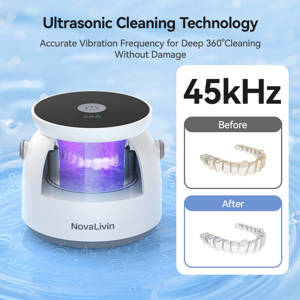 Retainers and dentures being cleaned in the ultrasonic device