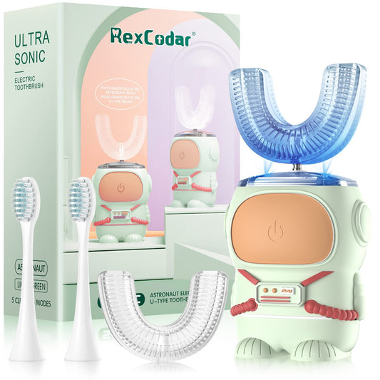 Front view of Ultrasonic Kid's U-shaped Toothbrush with green astronaut design