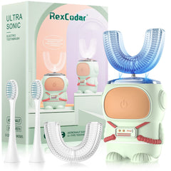 Front view of Ultrasonic Kid's U-shaped Toothbrush with green astronaut design