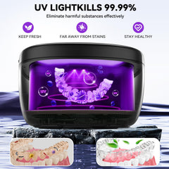 Compact travel-friendly denture cleaner on a kitchen counter