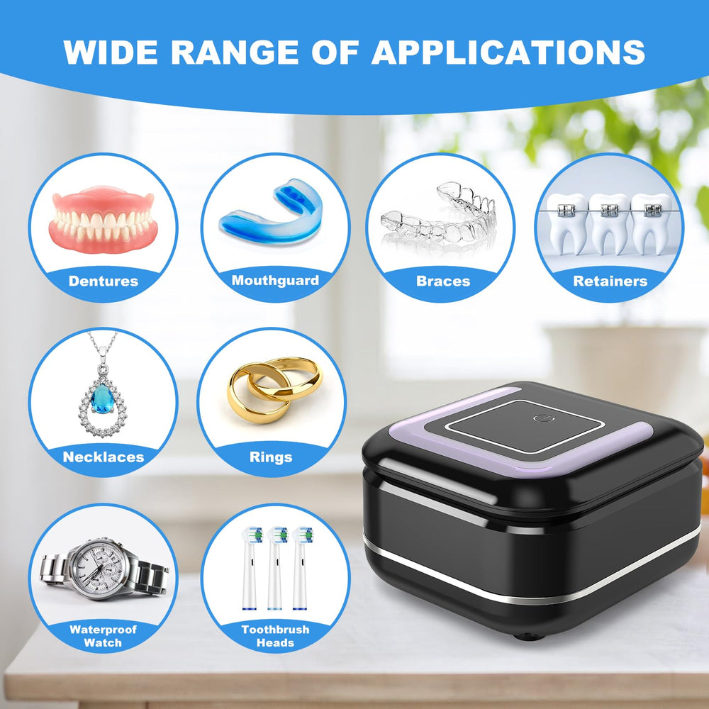 Jewelry such as rings and necklaces being cleaned by the ultrasonic cleaner