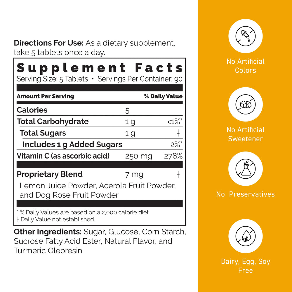 Chewable vitamin C for adults and kids (ages 4+), gluten-free and soy-free