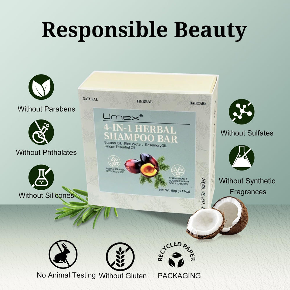 Umex Rosemary Shampoo Bar ingredients: rice water and batana oil for nourishment.