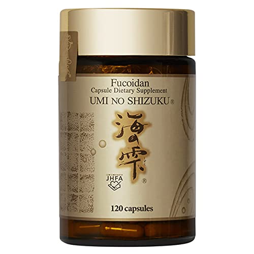 Close-up of fucoidan capsules showing size and color