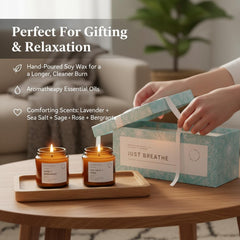 Unboxme Gifts sandalwood candle in a reusable glass jar for grounding ambience.