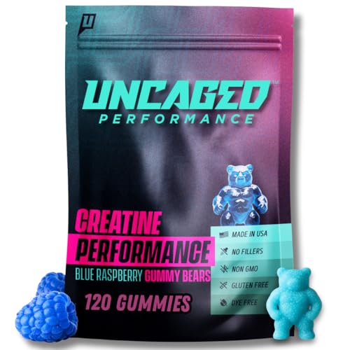 Uncaged Performance Creatine Monohydrate Gummies bottle in Blue Raspberry flavor