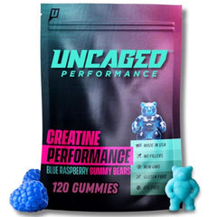 Uncaged Performance Creatine Monohydrate Gummies bottle in Blue Raspberry flavor