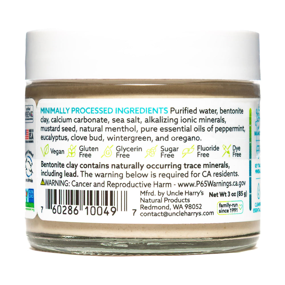 Ingredient highlights: mineral clay, sea salt, and plant essences in Uncle Harry's toothpaste.