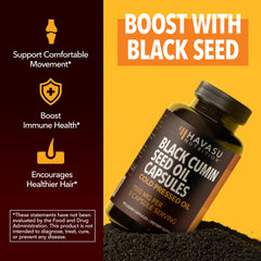 Unflavored black seed oil capsules in a bottle