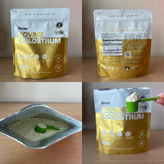 Unflavored colostrum powder being mixed into a drink