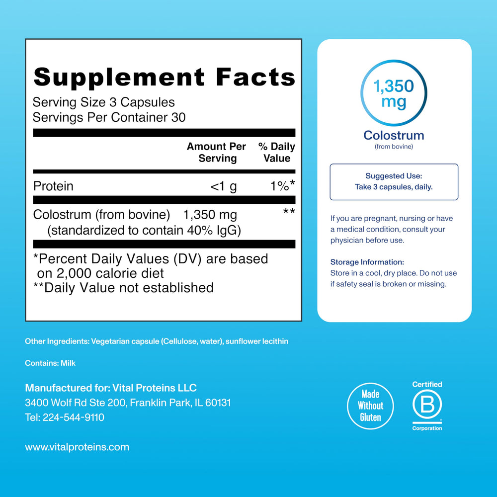 Unflavored bovine colostrum capsules