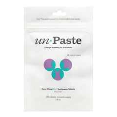 Front view of Unpaste toothpaste tablets packaging