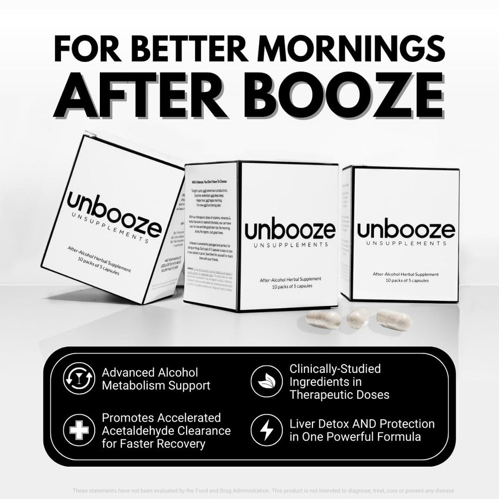 Unsupplements Unbooze bottle packaging highlighting vegan gluten-free formula for cleaner post-party recovery