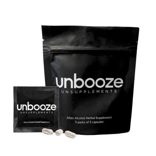 Unsupplements Unbooze packs and bottle shown for travel-friendly recovery