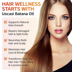 Uocasi Batana oil bottle pour illustrating easy scalp hydration.
