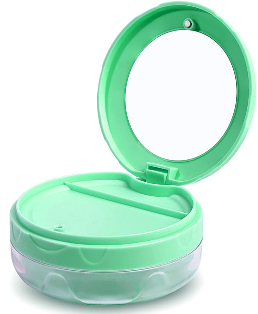 Close-up of Uouovo denture case showing leak-proof seal and compact size
