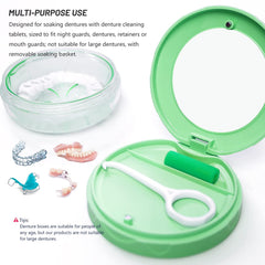 Denture case with perforated basket and carrying handle