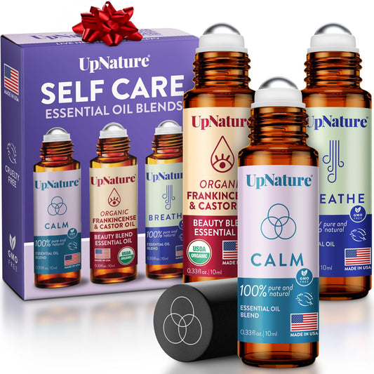 UpNature essential oil roll-on set for self-care with Calm, Beauty, and Breathe