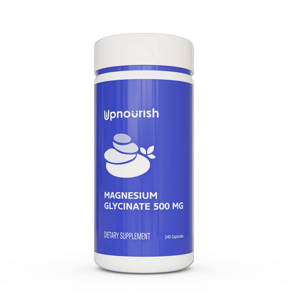 Front view of UpNourish Magnesium Glycinate Chelate 500mg capsules bottle
