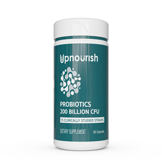 Front view of UpNourish Probiotics bottle with 60 vegan capsules