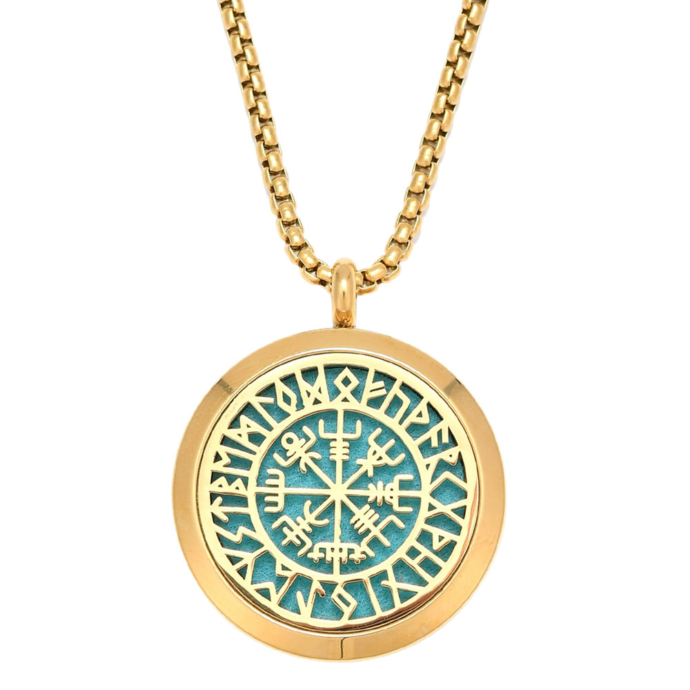 Upper Norse Vikings Amulet diffuser necklace gold pendant shown for aromatherapy on the go