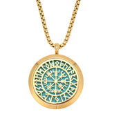 Upper Norse Vikings Amulet diffuser necklace gold pendant shown for aromatherapy on the go