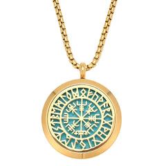 Upper Norse Vikings Amulet diffuser necklace gold pendant shown for aromatherapy on the go