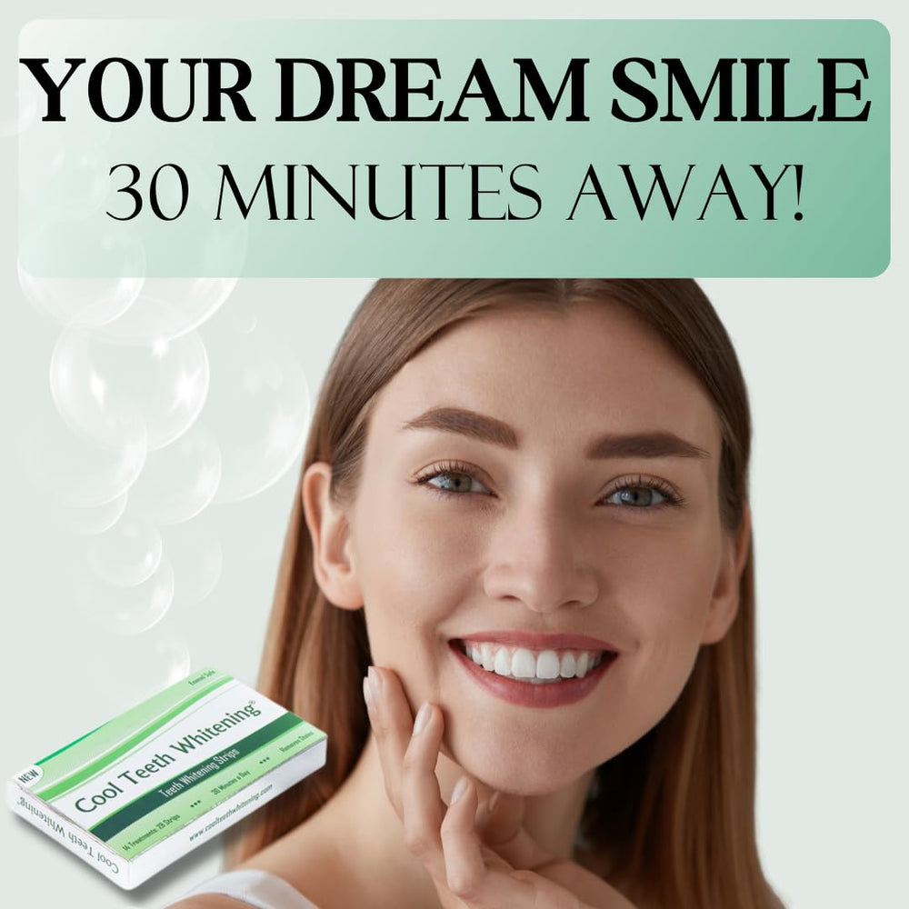 Upper whitening strip being applied to teeth
