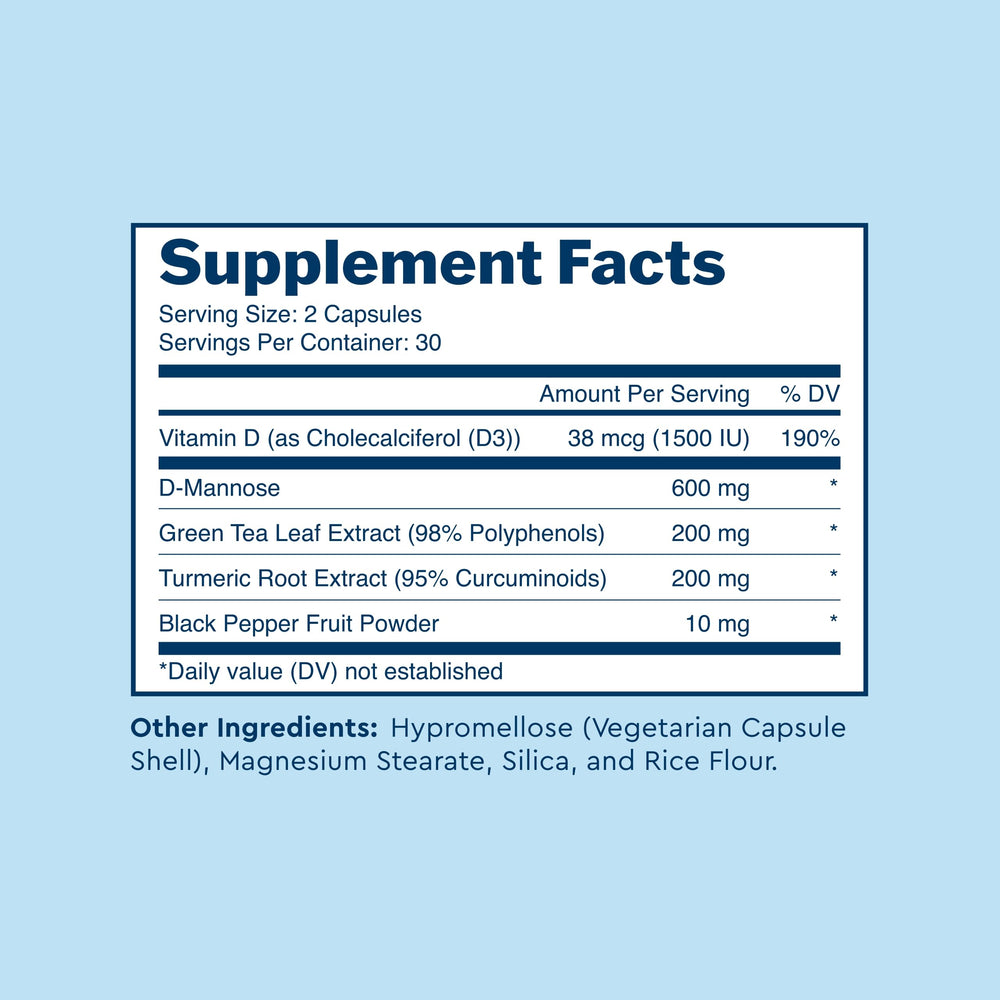 Ingredient highlights: D-Mannose, Green Tea Extract, Turmeric Extract
