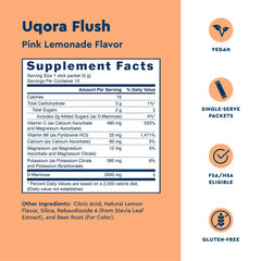 Uqora Flush vitamin C and B6 packets showing nutrient blend for wellness.