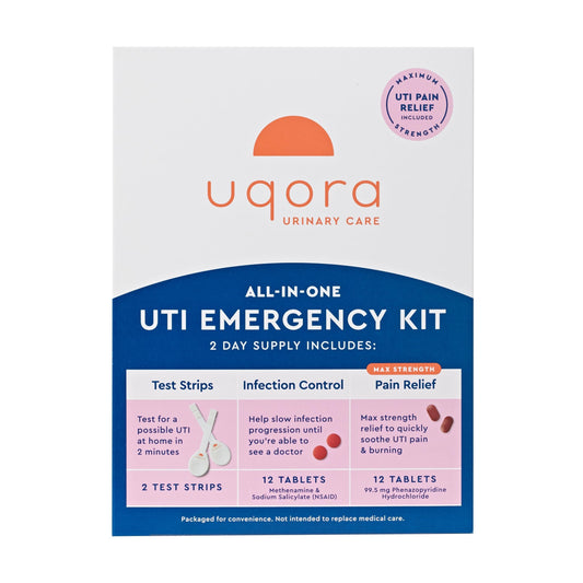 Uqora UTI Emergency Kit box with 2 test strips and 12 tablets