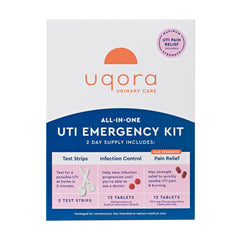 Uqora UTI Emergency Kit box with 2 test strips and 12 tablets