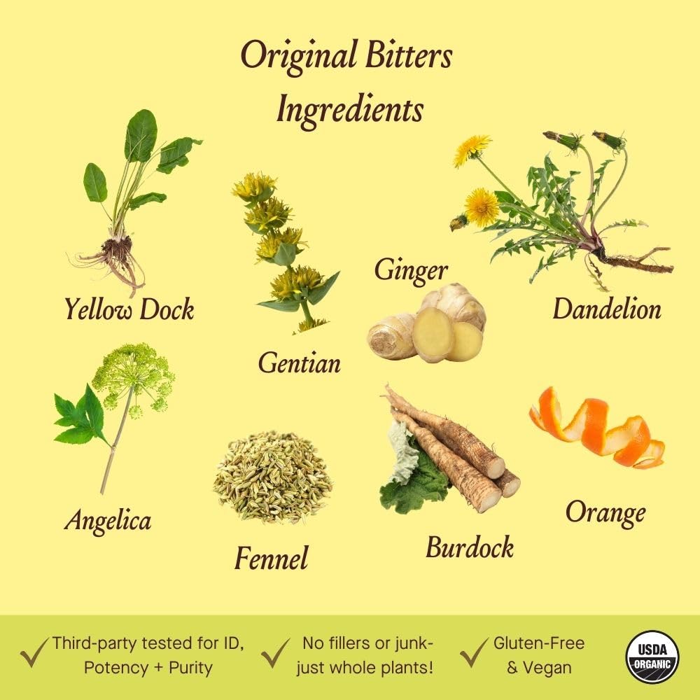 Ingredients: dandelion, burdock and ginger in Digestive Bitters