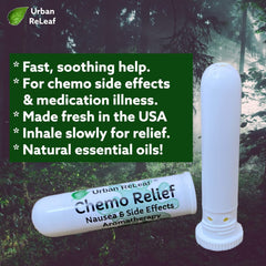 Urban ReLeaf Chemo Relief ingredients close-up highlighting natural essential oils for nausea support.