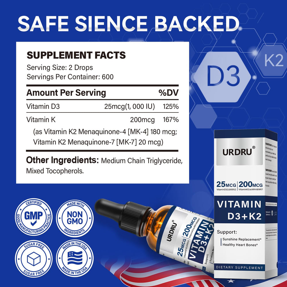 URDRU D3 K2 liquid drops non-GMO gluten-free label