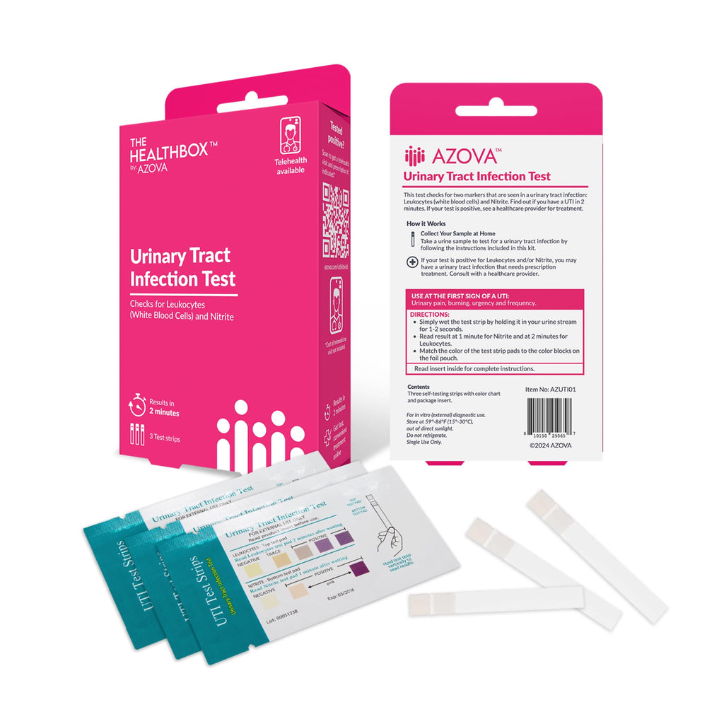 Box opened showing contents of the Urinary Health Test Strips kit