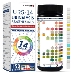 Front view of 150-count URS urine test strips packaging
