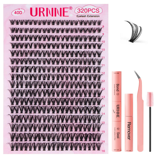 URNNE lash extension kit close-up of 320 clusters for at-home use.
