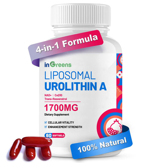 Front view of Urolithin A 1700mg bottle with NAD+, CoQ10 and Trans-Resveratrol