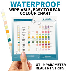 Close-up of a single test strip with color pads