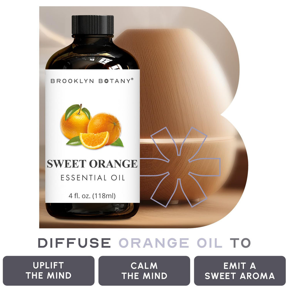 Close-up of Brooklyn Botany Sweet Orange Essential Oil bottle