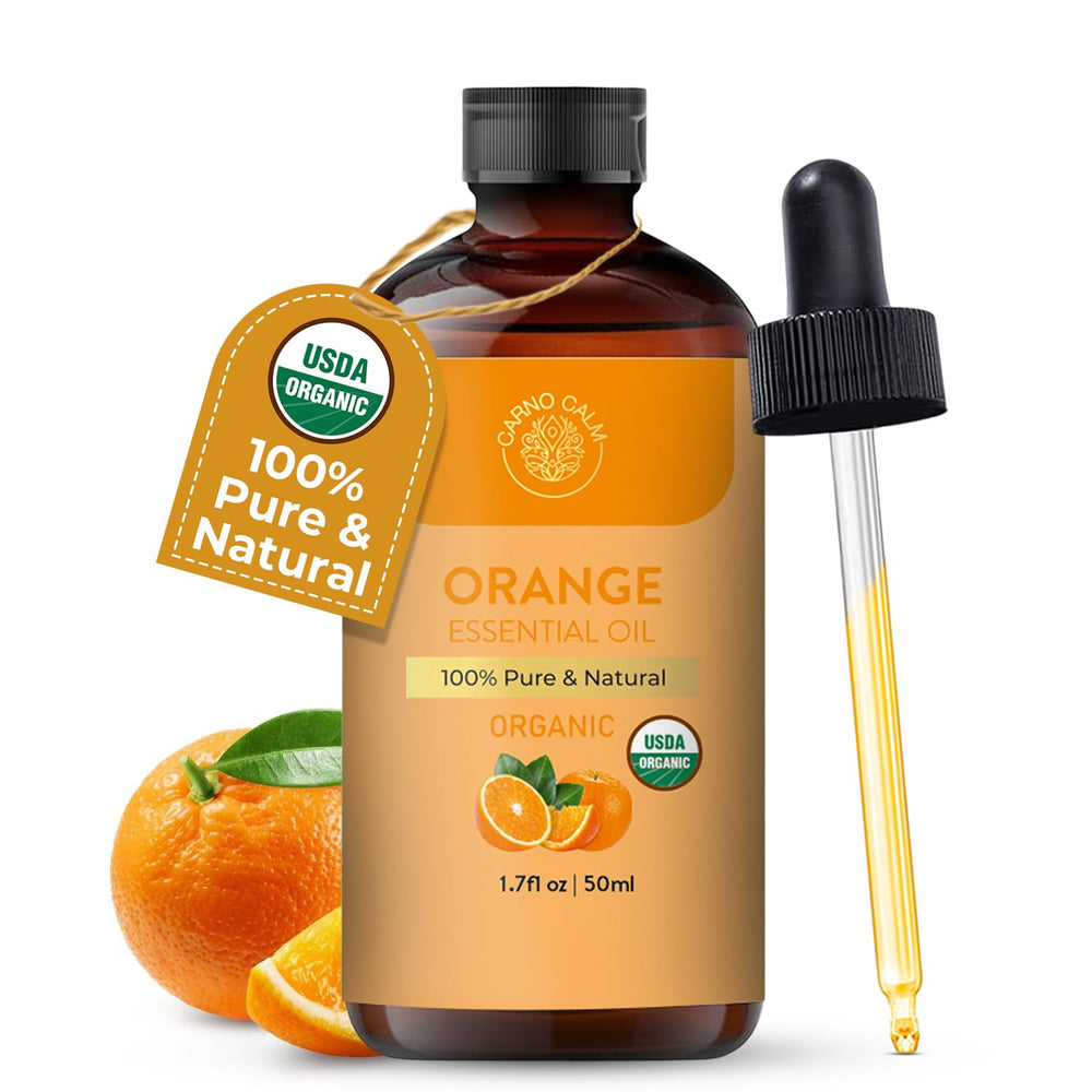 USDA Organic certification label on orange essential oil bottle