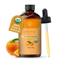 USDA Organic certification label on orange essential oil bottle