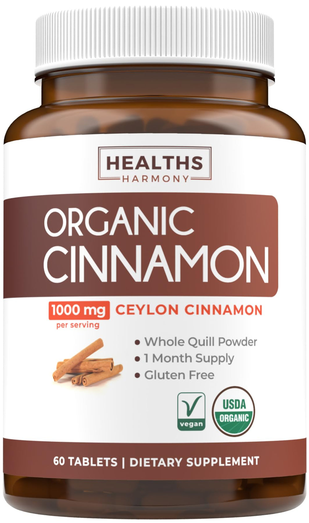 Front view of USDA Organic Ceylon Cinnamon Pills bottle with label