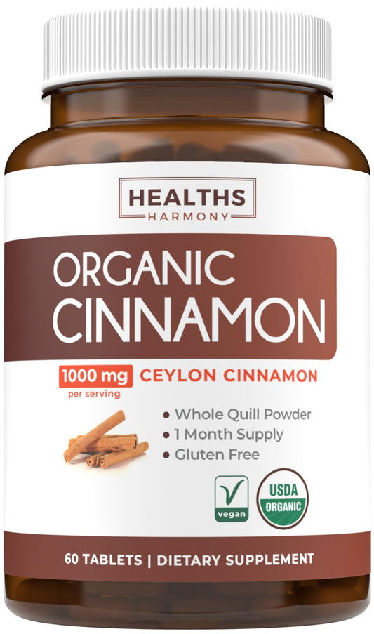 Front view of USDA Organic Ceylon Cinnamon Pills bottle with label