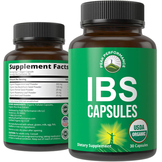 Bottle of USDA Organic IBS capsules for relief and digestion